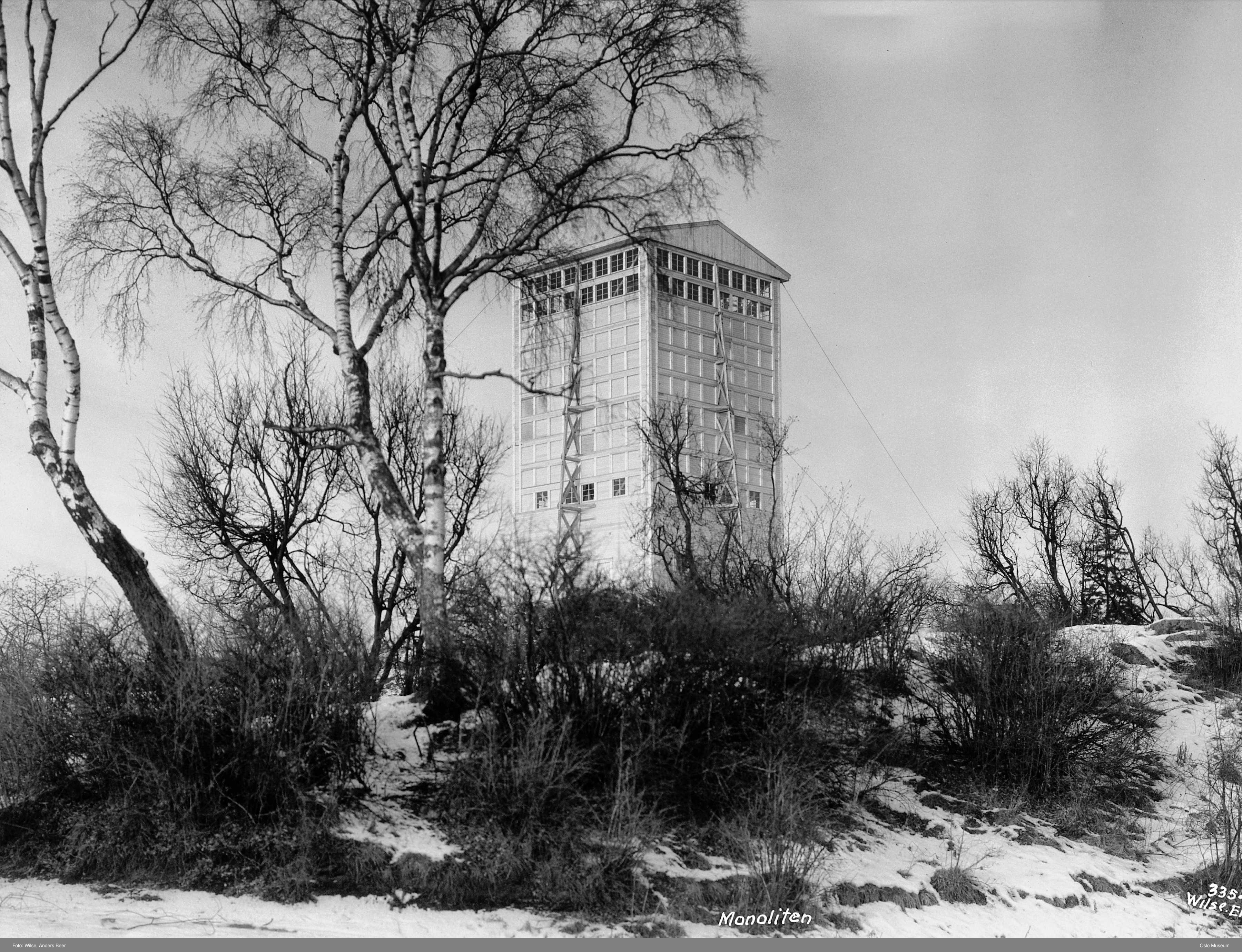 A tall timber house enclosing the Monolith, with boarded walls, high windows and external bracing, photographed among trees.