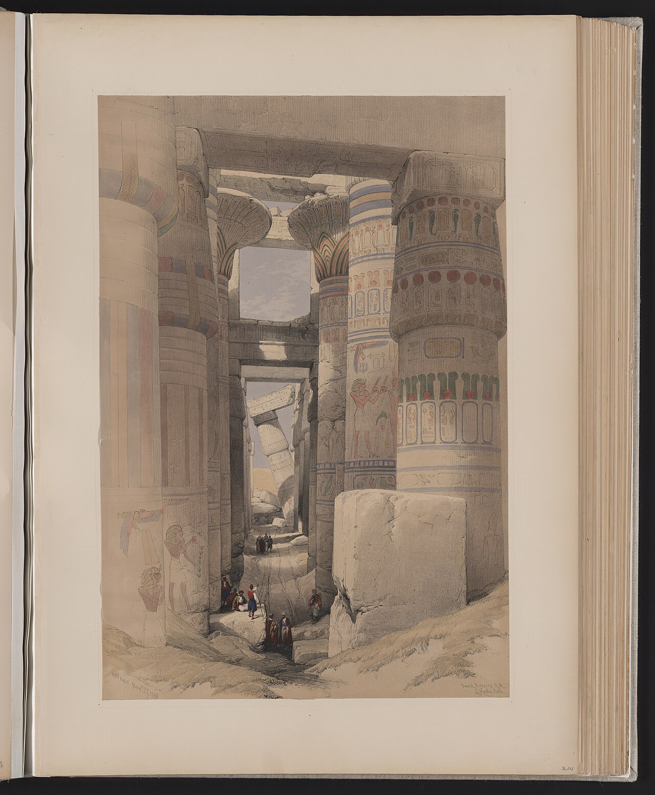 A historical colour lithograph of the great columned hall at Karnak, Egypt