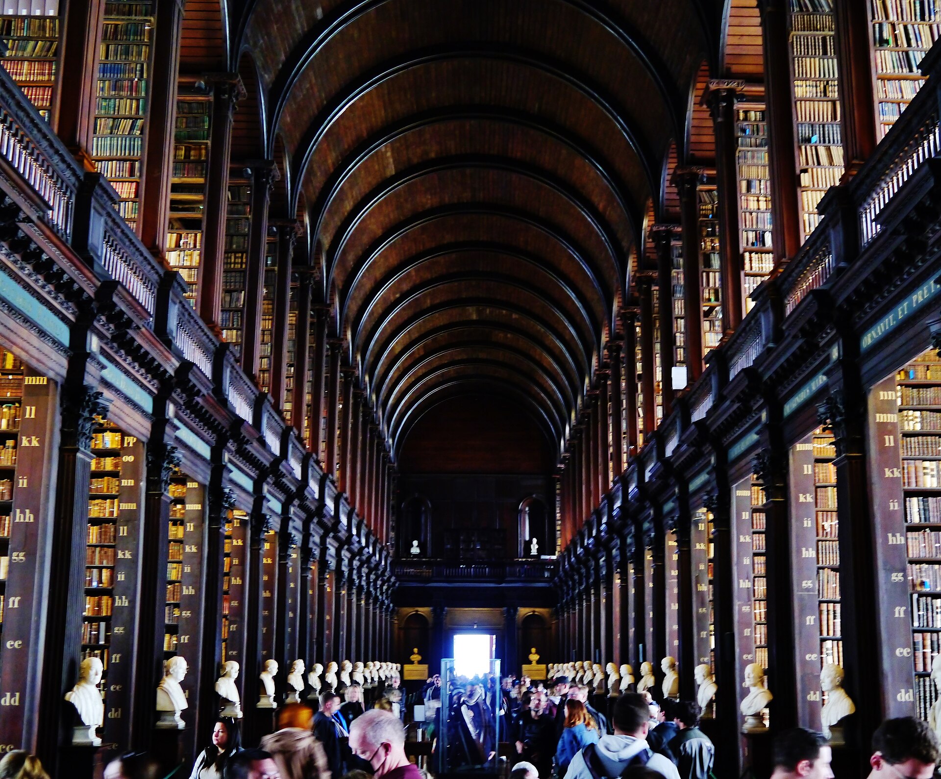 The Long Room at Trinity College Library, with dark bookshelves and a high vaulted ceiling