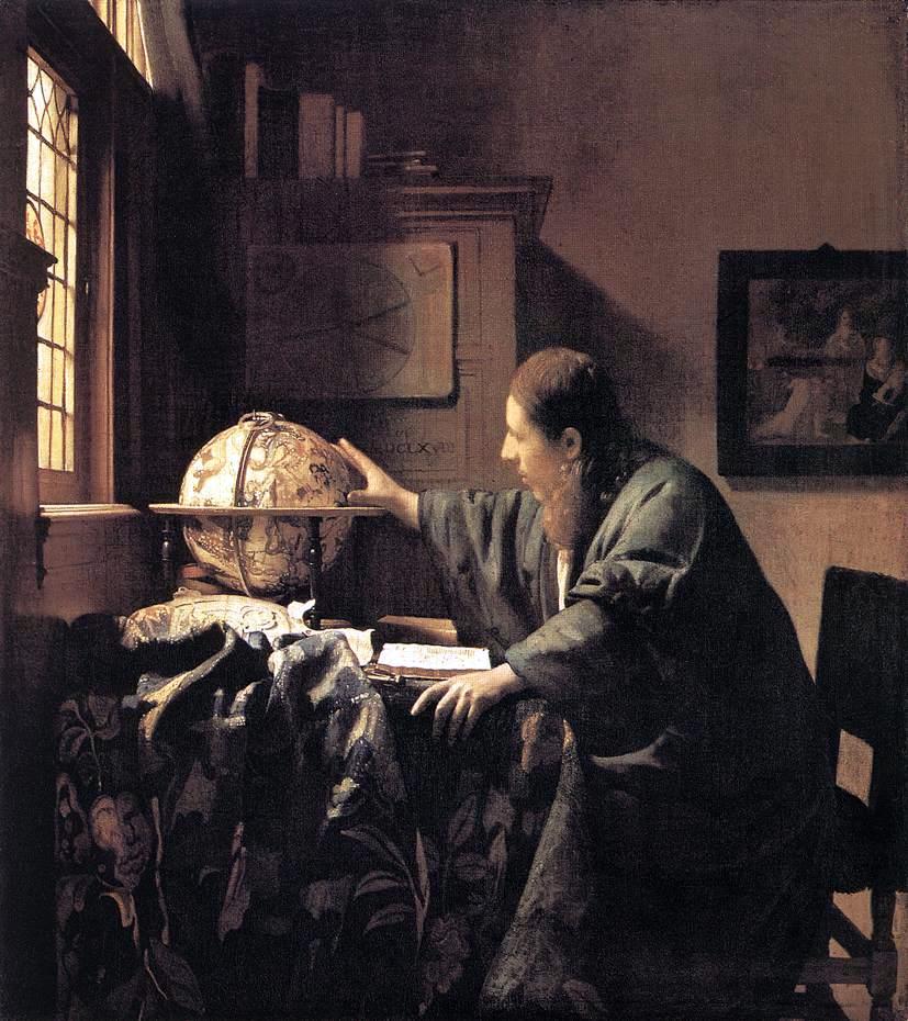 Vermeer’s astronomer leaning over a celestial globe beside a window in his study